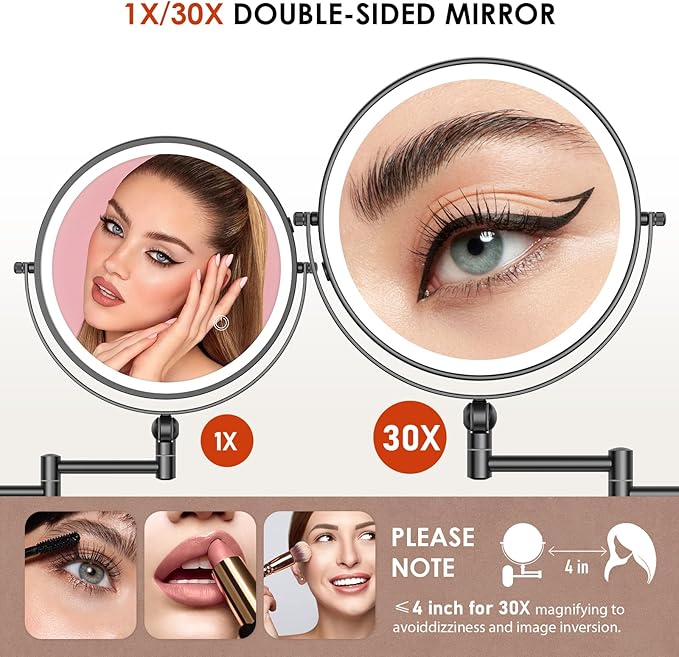 ZLOKLA 9" Wall Mounted Lighted Makeup Mirror,4000mAh Rechargeable Double Sided 1X/30X Magnifying Mirror with Light,Touch Dimmable,Extended Arm 360 Rotation Wall Mounted Makeup Mirror 3 Color Lights