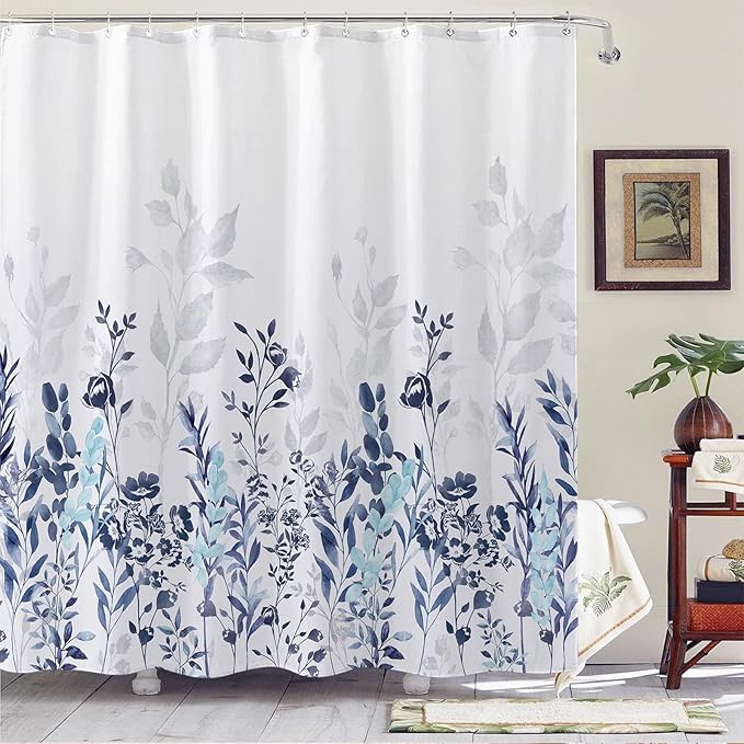 Neasow Blue and Grey Shower Curtain, Watercolor Floral Bathroom Curtain Teal and White 72×72 inches