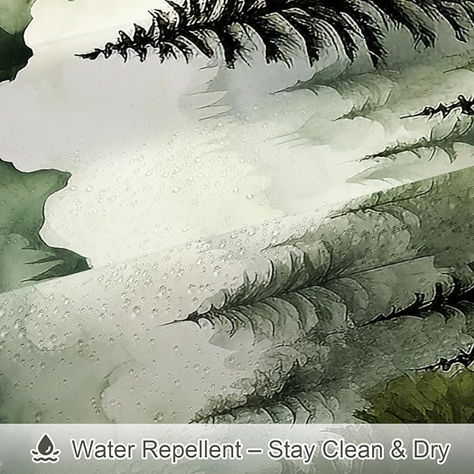 Dark Green Small Stall Misty Pine Forest Shower Curtain 36 x 72, Mountain Foggy Woodland Scenery Tree Narrow Half Size Shower Curtains for Bathroom, Abstract Waterproof Nature-Themed Decor