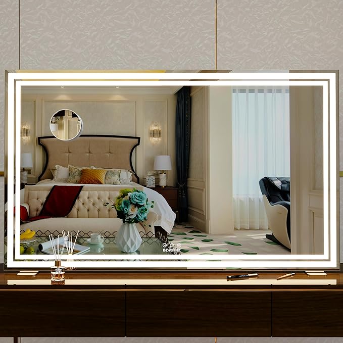 BEAUTME Vanity Mirror,40x24.3 Inch, Hollywood Mirror with Double Led Strips,Makeup Mirror for Dressing Room & Bedroom, Desktop Mirror/Wall Mounted Mirror 1.8M Charger Cable,Aluminium Frame,Silver