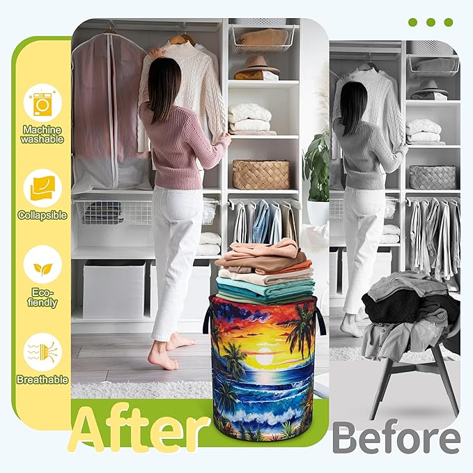 Ocean Waves Laundry Basket Funny Hawaii Sunset Foldable Waterproof Oxford Cloth Tote Bag Laundry Hamper Large Clothes Storage Bucket Toy Organizer For Bathroom/Laundry Storage/Bedroom 18.9x16.5 Inch