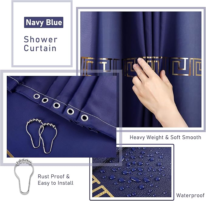 XLHOMO Bathroom Sets with Shower Curtain and Rugs Bathroom Accessories Set Navy Blue Bathroom Set,Soap Dispenser & Toilet Brush Holder Set with Stainless Steel Trash Can
