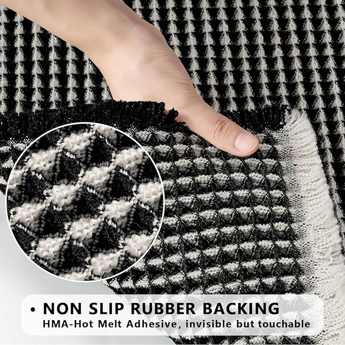 MIULEE Set of 2 Waffle Bathroom Rugs, Boho Bath Rugs Non Slip Washable, Super Absorbent Bath Mats, Ultra Soft Rubber Backed Shower Mats for Bathroom Floor, Tub and Shower, Black & Cream, 18x30 Inch