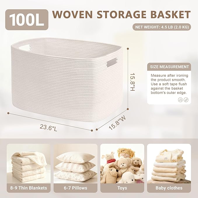 100L Extra Large Baby Girls Laundry Basket for Nursery Storage,Cute Woven cotton Rope Baskets for Kids Toy，Gifts, Boho Square Wicker Blanket hamper for Living Room,Bedroom Dirty Clothes, White