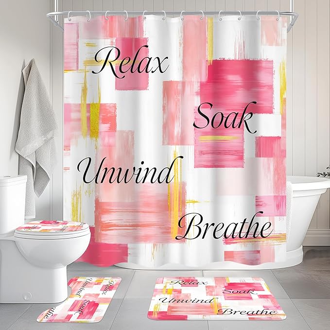 Cinbloo 4Pcs Pink Gold Shower Curtain Set,Modern Abstract Words Ombre Blush Oil Painting Girls Simple Bathroom Curtain with Rug, Toilet Lid Cover, Bath Mat,Minimalist Shower Curtain with 12 Hooks