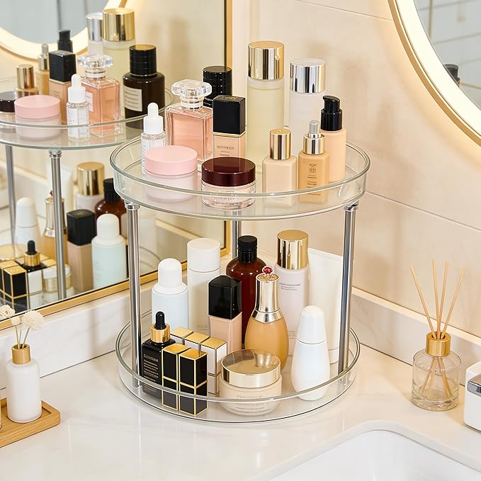 Clear Resin Cosmetic Two Tier Organizer Lazy Susan Organizer, Large Capacity Kitchen Spice Skin Care Perfume Display for Kitchen Bathroom Vanities