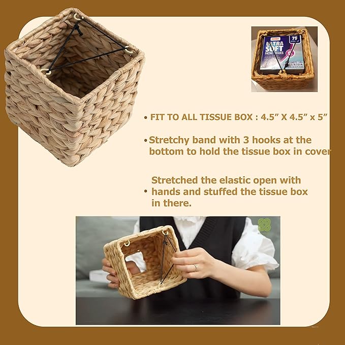 KOLWOVEN Tissue Box Holder - Square- Rattan Wicker Tissues Cube Box Cover -Boho Decorative Woven Facial Tissue Holder on Table and Barthroom (Square)