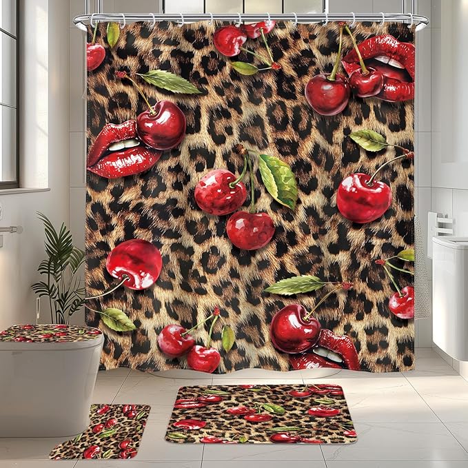 LIGHTINHOME 4 PCS Leopard Print Cherry Shower Curtain Set 72Wx72H,Toilet Lid Cover,Non-Slip Rugs and U-Shaped Mat,Cheetah Lips Bathroom Sets with Rugs Shower Accessories 12 Hooks for Bathroom Decor