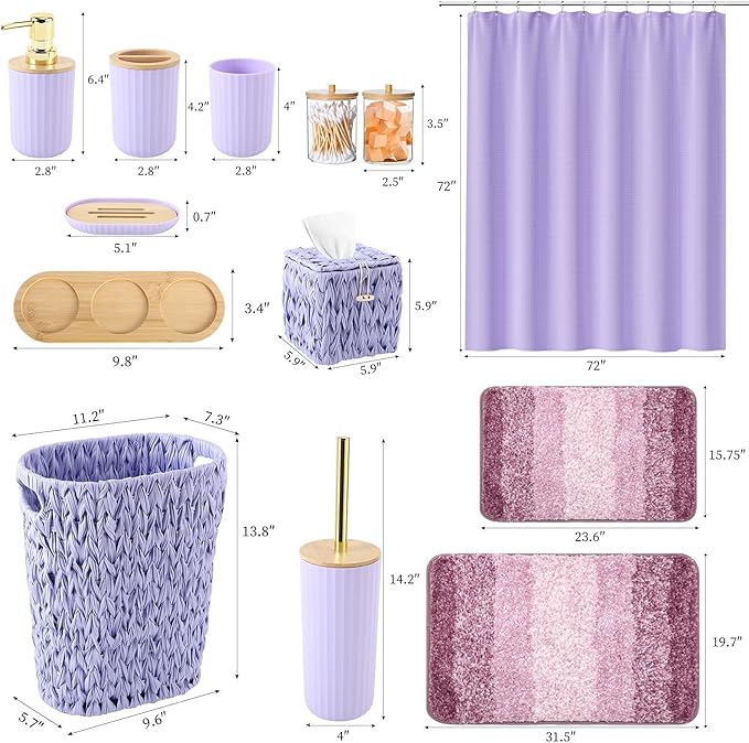 Bathroom Accessories Set, 25PCS Wicker Bathroom Accessory Set with Shower Curtain, Bath Mat, Soap Dispenser, Handwoven Trash Can & Ratten Tissue Box (Purple, Bath Set+Shower Curtain+Rugs)