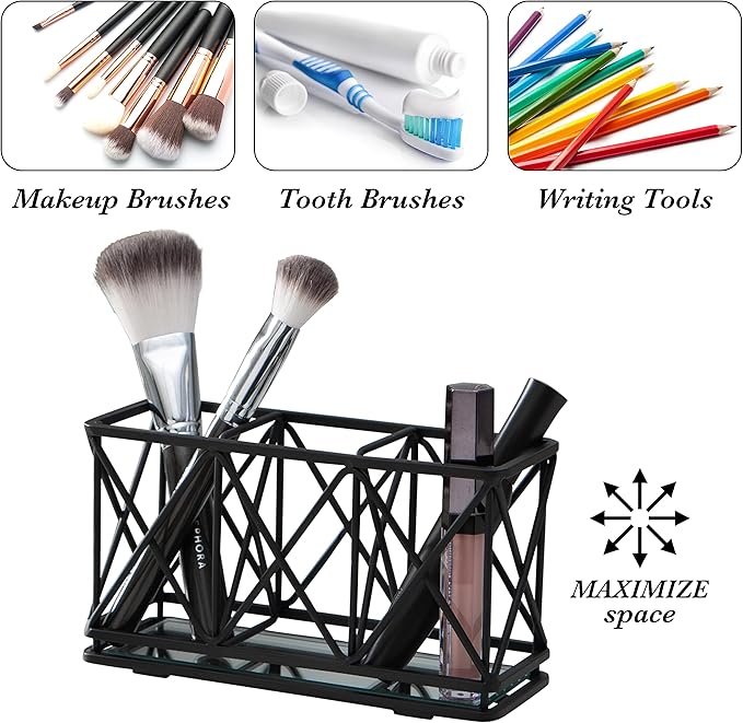 Home Details 3 Compartment Cosmetic Brush Holder | Make Up Pencil | Vanity Organizer | Bathroom | Dresser | Office | Mirror Base | Matte Black
