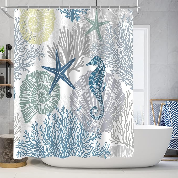 Nkzply 4 Pcs Beach Shower Curtain Set Blue Ocean Bathroom Sets with Shower Curtain and Rugs Seahorse Shower Curtains Set Seashell Starfish Bathroom Decor Accessories Coral Bathroom Rugs Set