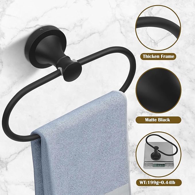Black Bathroom Hand Towel Holder, Matte Black Towel Ring Holder, Wall Mounted Oval Towel Rack Hanger Home Half Round Bathroom Hardware Accessory Modern
