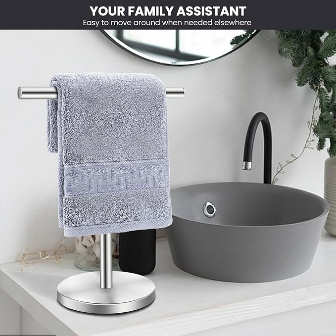 T-Shape Bath Hand Towel Holder Stand, Stainless Steel Free Standing Hand Towel Rack, for Bathroom Kitchen & Countertop, Silver, 2 Pack