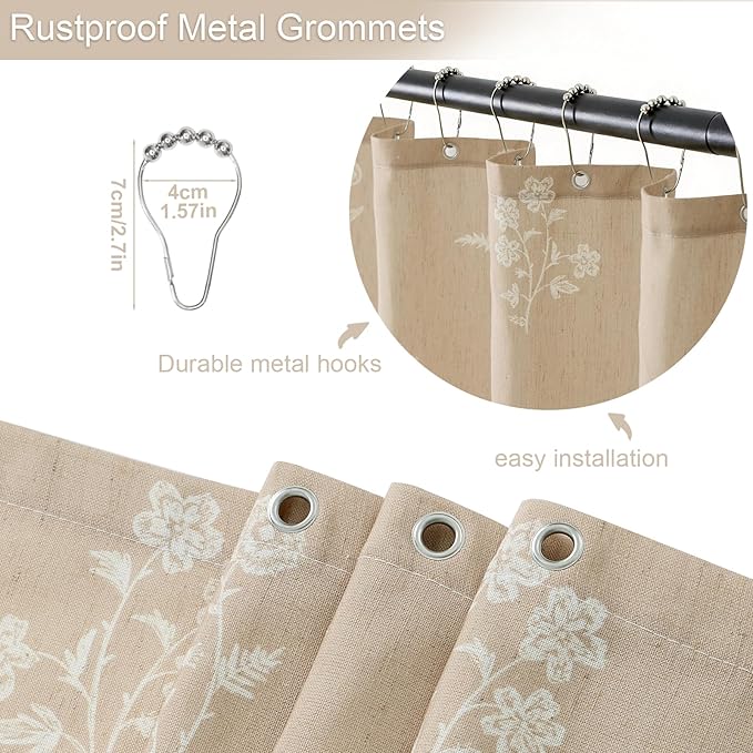 ORTIGIA Cottage Core Neutral Shower Curtain Linen Farmhouse Vintage Floral Block Print Shower Curtains Set Boho Rustic Decor for Bathroom 72 W x 72 L