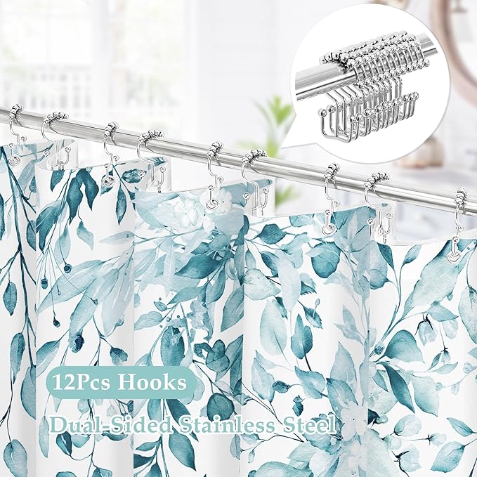 Gibelle 3 in 1 Shower Curtain Set, 72x72 SpaBlue Eucalyptus Bath Curtain and PEVA Liner Set with 12 Metal Hooks, Waterproof Fabric Bathroom Curtain