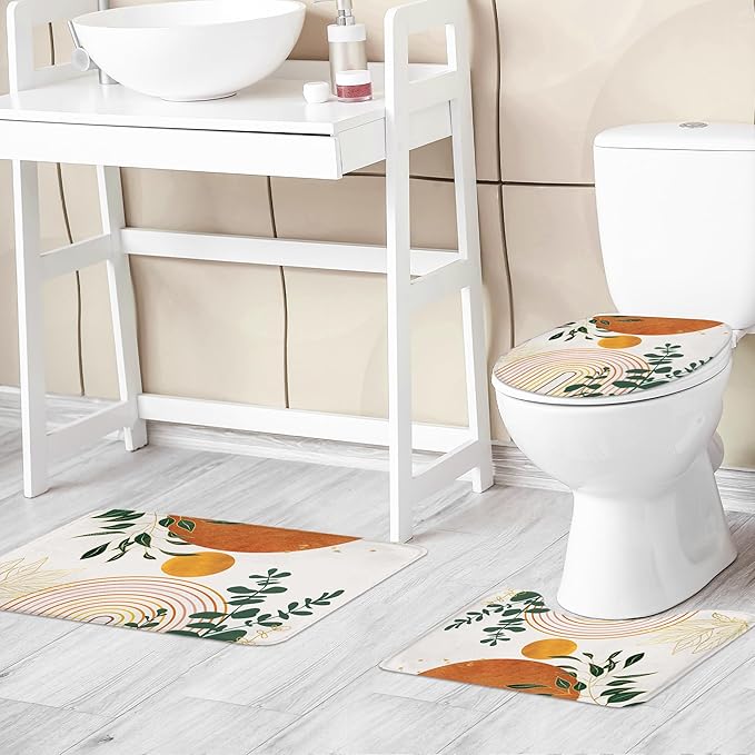 Riyidecor Mid Century 4Pcs Bathroom Shower Curtain Sets Abstract Aesthetic Geometric Bathroom Decor Set with Rugs and Accessories Modern Minimalist Toilet Lid Rug, Contour and Bath Mat with 12 Hooks