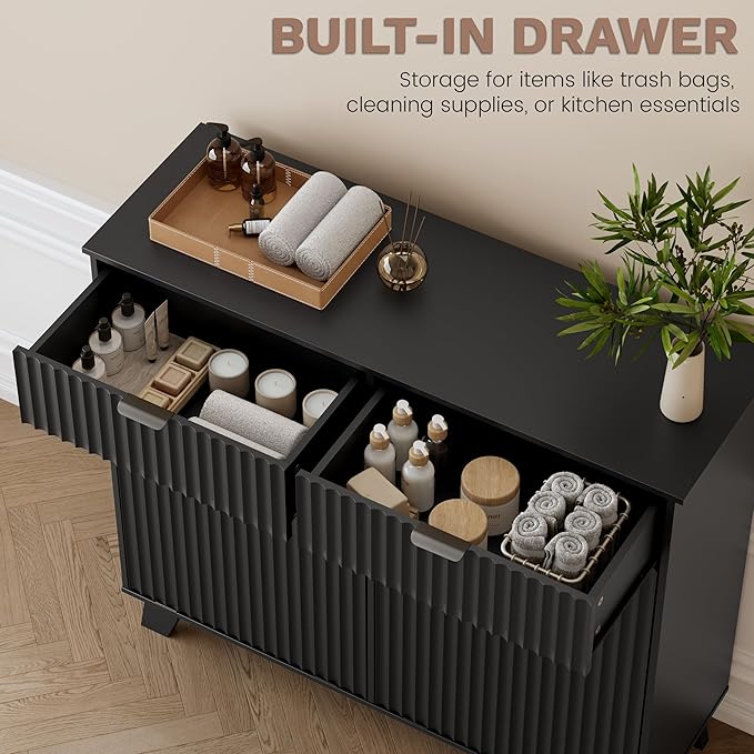 Double Tilt Out Laundry Hamper Cabinet, 20 Gallon Wooden Trash Can Cabinet with Storage Drawers, Hidden Fluted Garbage Can Holder for Kitchen, Living Room (Black, 39.34" W x 35.83" H x 13" D)