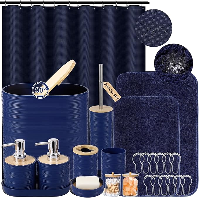 XLHOMO Bathroom Set - Navy Blue Bathroom Accessories Set, Bathroom Sets with Shower Curtain and Rugs, 25PC Shower Curtain Set with Hooks, Soap Dispenser, Soap Dish, Toilet Brush Holder and Trash Can