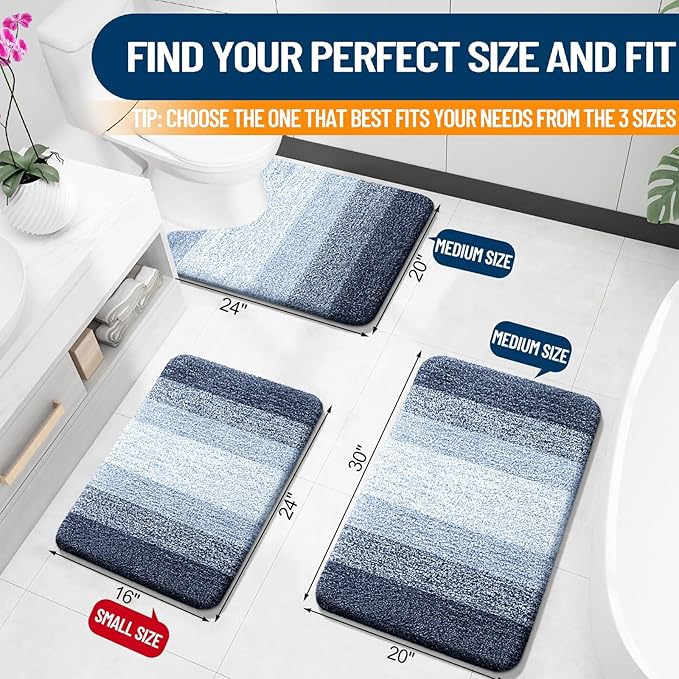OLANLY Bathroom Rug Set 2 Piece, Soft Absorbent Microfiber Bath Rug Set, Non-Slip, Machine Wash Dry, Plush Shaggy Bath Mats for Bathroom (30"x20"+24"x16", Dark Blue)