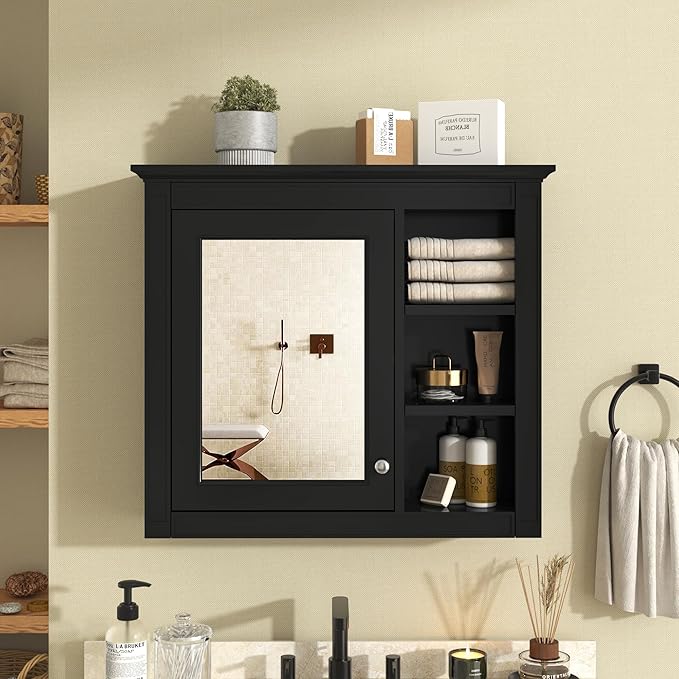 Merax Bathroom Medicine Cabinet with Mirror, 30" x 28" Wall Mounted Medicine Cabinet with Single Door and Shelves, Over The Toilet Mirrored Bathroom Storage Wall Cabinet