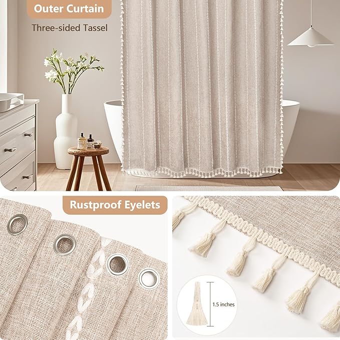 Boho Farmhouse Shower Curtain and Fabric Liner Set, Heavyweight Linen Textured Fabric Shower Curtain Taupe with Tassels, 2 in 1 Waterproof Fabric Shower Curtain Set for Bathroom, 72x72 Inch