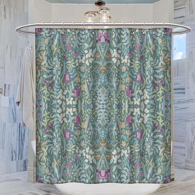 Vintage Botanical Shower Curtain William Morris Designs Green Jungle Fruit Print Shower Curtain Set Polyester Interior Waterproof Shower Curtain with 12 Hooks 72x84 Inches(183x214cm)