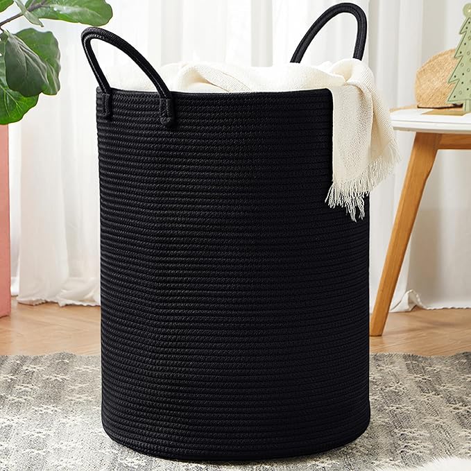 80L Black Woven Rope Hamper Laundry Basket for Clothes Tall Modern Blanket Storage Basket in Living Room Bedroom Extra Large 16"L x 16"W x 22"H