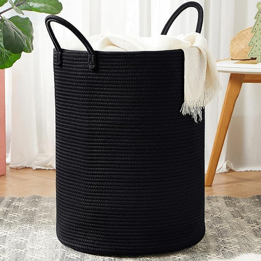 80L Black Woven Rope Hamper Laundry Basket for Clothes Tall Modern Blanket Storage Basket in Living Room Bedroom Extra Large 16"L x 16"W x 22"H