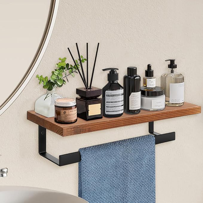 Hand Towel Holder/Towel Ring with Wooden Shelf, Hand Towel Rack, Hand Towel Hanger for Bathroom, Bath Accessories Wall Mounted, Matte Black (12"-Squ Shaped)
