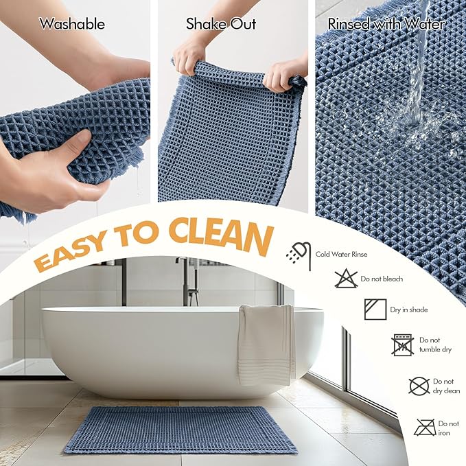 MIULEE Set of 2 Waffle Bathroom Rugs, Boho Bath Rug Super Absorbent, Non Slip Washable Ultra Soft Rubber Backed Shower Bath Mats for Floor, Tub, Shower, Bordered Design, Blue, 18x30 Inch