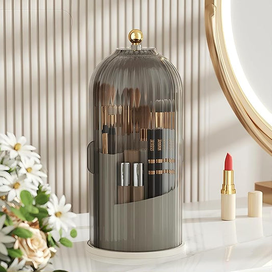 B-H1 Makeup Brush Holder with Dustproof Cover 360 Rotating Makeup Brushes Organizer for Vanity Desktop Bathroom (Gray)