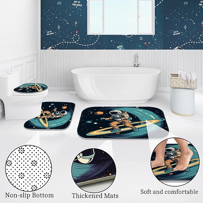 Poedist 4 Pcs Bathroom Shower Curtain Set,Kid's Bathroom Set, Space Shower Curtain Sets with Rugs(Bath Mat,U Shape and Toilet Lid Cover Mat) and 12 Hooks