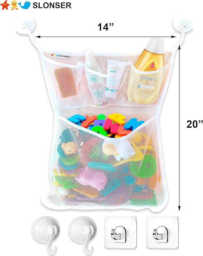 Bath Toy Storage Organizer ?€? Large Mesh Bath Toy Holder & Bath Toy Net for Tub, Quick Dry Bathtub Bag with 2 Strong Suction Cups, 2 Adhesive Hooks, Quick-Dry Hanging Shower Cubby Basket, 14x20 Inch