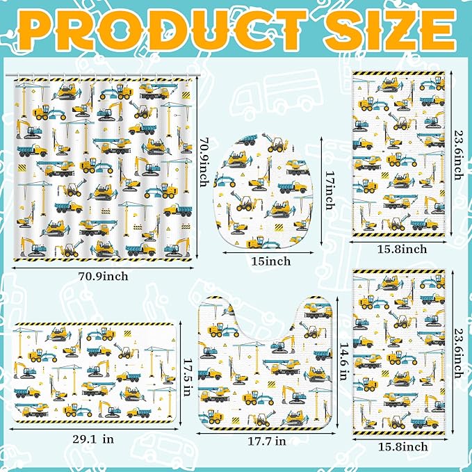 Nuanchu 6 Pcs Construction Shower Curtain Set with Rug Bathroom Sets with Shower Curtain Bath Mat U Shaped Mat Toilet Lid Cover 2 Bath Towels and 12 Hooks Excavator Tractor Bathroom Decor