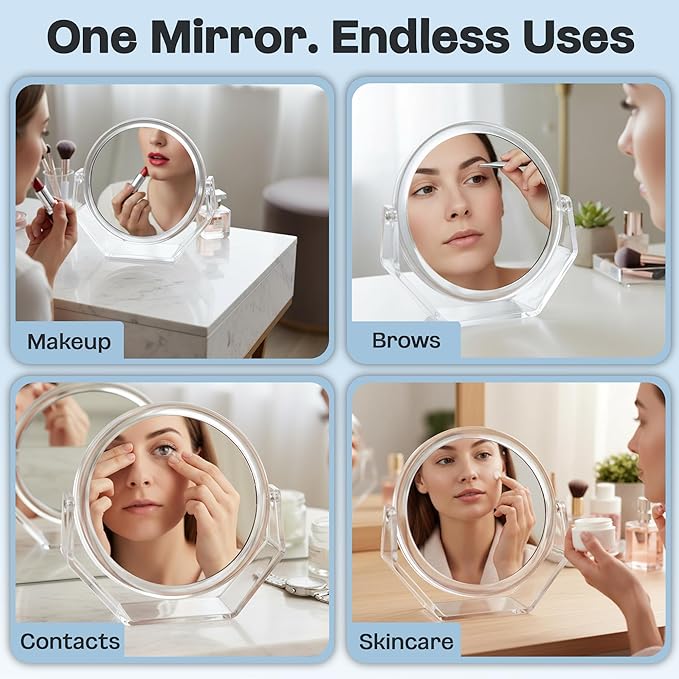 Danielle Creations Round Acrylic Vanity Mirror, Clear 1x/10x Magnifying Makeup Mirror with Soft Touch Stand, Tabletop Desk Bathroom Vanity Mirror, Portable Compact Mirror