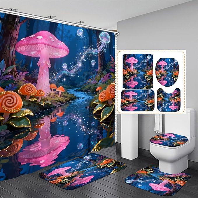 jieprom 4 Piece Blue and Pink Shower Curtain Set with Rugs, Magical Mushroom & Glowing Jellyfish Art, Surreal Forest Aesthetic Bathroom Decor, Waterproof Fabric with Non-Slip Mats & Toilet Lid Cover