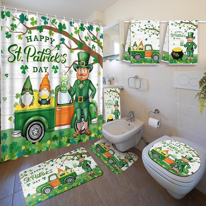 Nuanchu 6 Pcs St. Patrick's Day Shower Curtain Set with Rug Green Shamrock Clover Bathroom Sets with Shower Curtain Bath Mat U Shaped Mat Toilet Lid Cover 2 Bath Towels and 12 Hooks Bathroom Decor