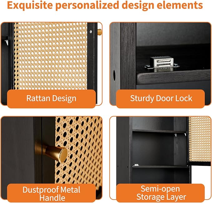 Bathroom Wall Cabinet, Bamboo Medicine Cabinet with Rattan Doors, Adjustable Shelf, Wall Mounted Storage Cabinet for Bathroom, Kitchen, Laundry Room Black