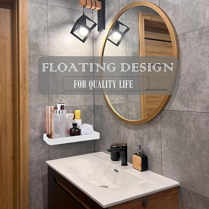 Z metnal Small Glass Bathroom Shelves, Floating Shelf, Mini Wall Shelf for Bathroom Organizer, Wall Mounted, White, 10 inch / 25cm