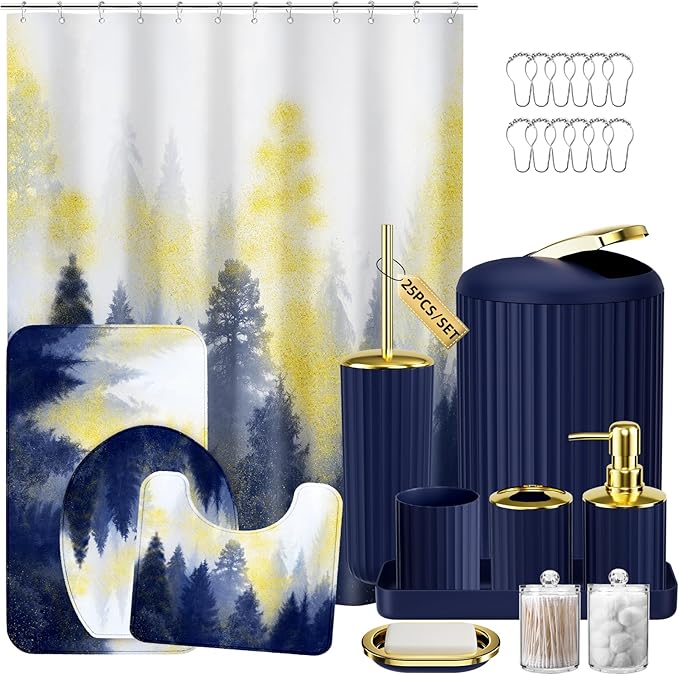 Navy and Gold Bathroom Accessories, Bathroom Sets with Shower Curtain and Rugs, Bath Rugs Accessory Set with Bathroom Trash Can, Soap Dispenser, Soap Dish for Home Decor