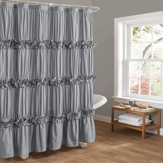 Victorian Ruffle Shower Curtain, Vintage Handcrafted Bow Tie Bath Curtain for Master Bathroom, Ruched Microfiber Bathroom Curtain with 12 Buttonholes, 72" W x 84" H, Gray (LQ-10)