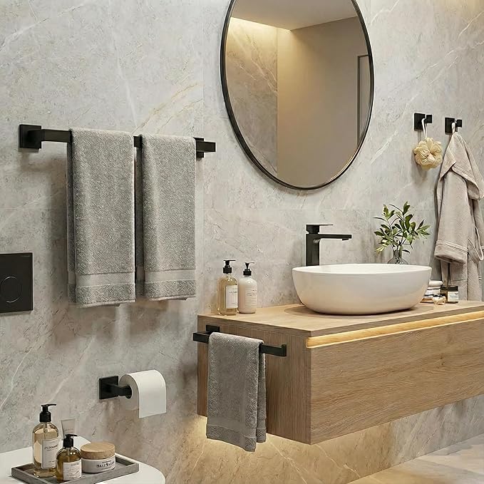 Matte Black Bathroom Hardware Set 5-Piece, Modern Square SUS304 Stainless Steel Bath Accessory Kit with 23.6" Towel Bar