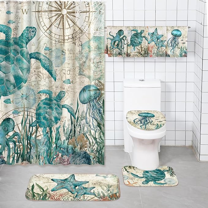 Tatuo 8 Pcs Sea Turtle Shower Curtain Set Summer Ocean Theme Bathroom Accessories Sets Decor Sea Animal Nautical Coastal Waterproof Shower Curtain with Towels Carpet Bath Mat Toilet Rugs and 12 Hooks