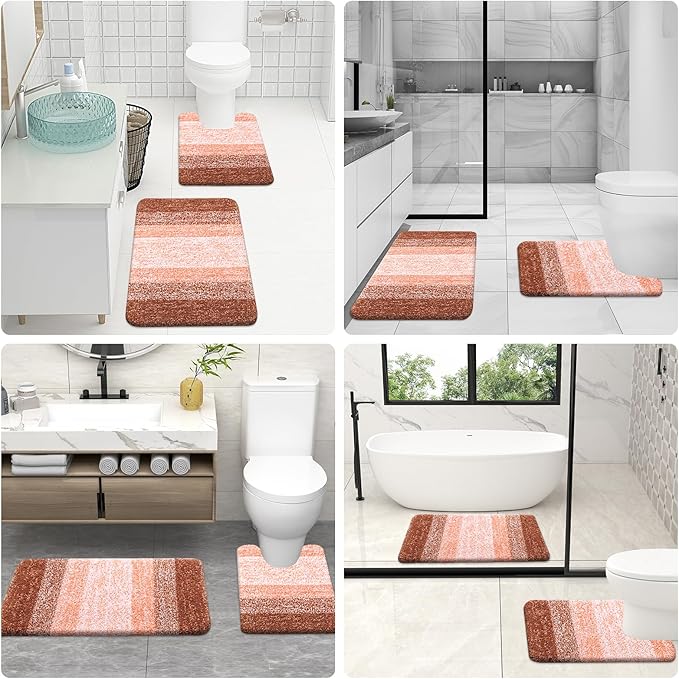 OLANLY Bathroom Rugs Sets 3 Piece, Soft Absorbent Microfiber Bath Mats and U-Shaped Contour Toilet Rug, Plush Shaggy Bath Mat Set for Bathroom (36"x24"+24"x16"+24"x20", Orange)
