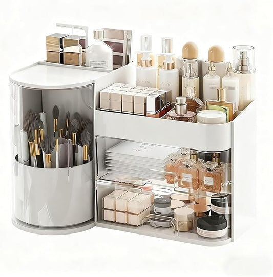 Makeup Organizer 14" D x 8.3" W x 9" H Cosmetic Organizer with Drawers Countertop Skincare Organizer for Vanity Cosmetic Display Case Storage Rotating Brush Holder (White)
