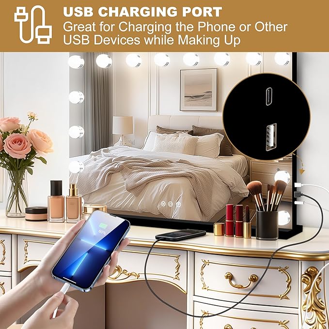 Moonee Black Vanity Mirror with Lights, Hollywood Lighted Makeup Mirror with 17 Dimmable Bulbs and 10X Magnification, 3 Colors Modes, Aluminum Metal Frame, Light Up Mirror for Tabletop/Wall（26" x 20"）