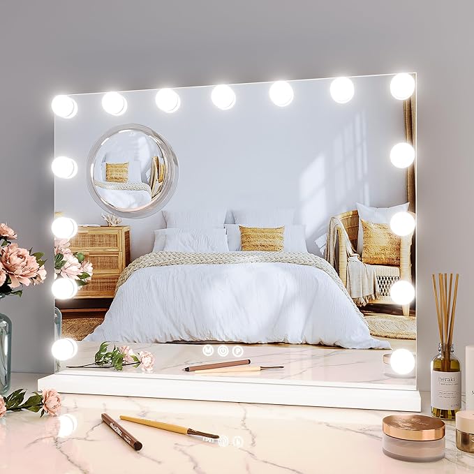 GAOMON Vanity Mirror with Lights, Lighted Mirror with 15 Dimmable LED Bulbs, Makeup Mirror with 3X Magnification, 3 Colors Modes,Touch Control, Metal Frame,White