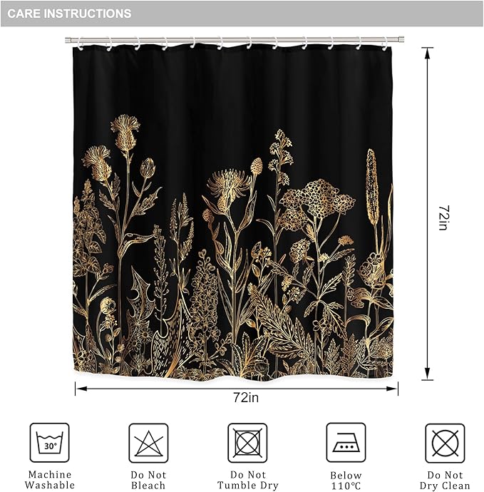 Riyidecor Vintage Black Gold Floral Wildflower 4Pcs Bathroom Shower Curtain Sets Botanical Leaves Bathroom Decor Set with Rugs and Accessories Rustic Toilet Lid Rug, Contour and Bath Mat with 12 Hooks