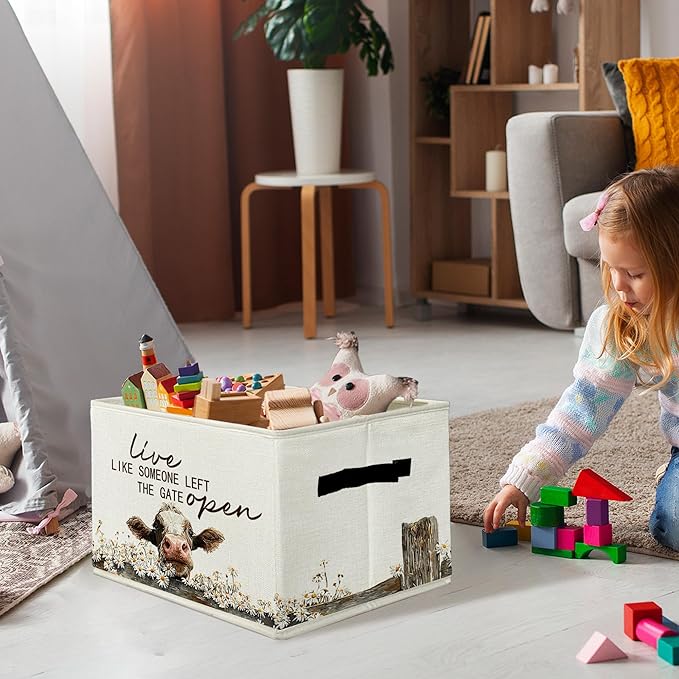 Rustic Cow Storage Bins & Boxes with Handles, Farmhouse Cow Foldable Basket for Organizing, Live Like Someone Left the Gate Open Collapsible Storage Basket for Bedroom Bathroom Clothes Toys