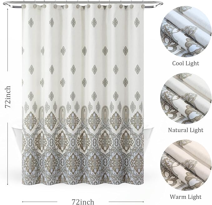 Beige Fabric Shower Curtain, Waterproof for Bathroom with Tan Printed Ombre Boho Paisley Damask Pattern, 72" W x 72" H